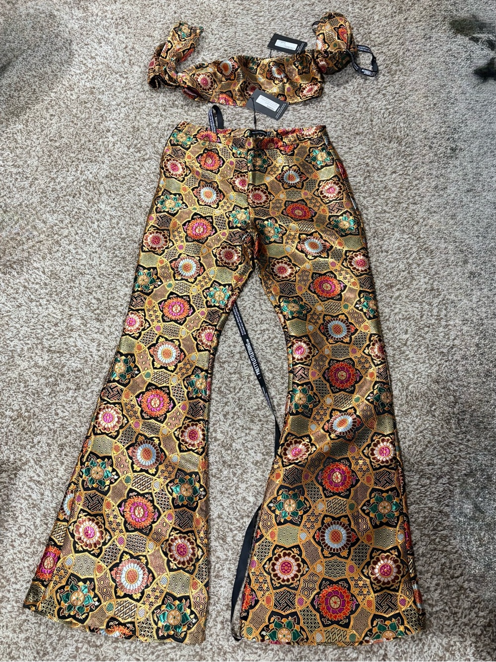 PrettyLittleThing Gold Floral Medallion Flared Pants and Top